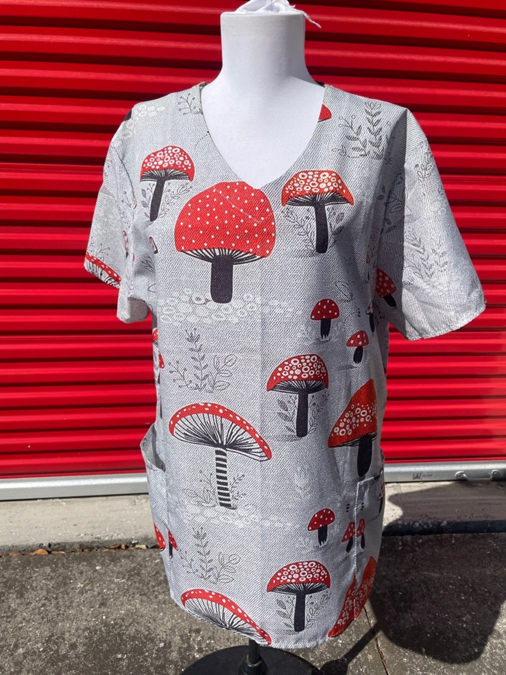 Gray Scrub Top with Red Mushroom Print